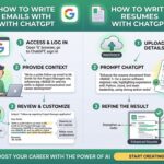 Infographic showing three steps to write emails and three steps to write resumes with ChatGPT