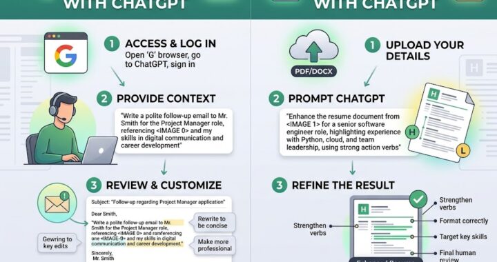 Infographic showing three steps to write emails and three steps to write resumes with ChatGPT