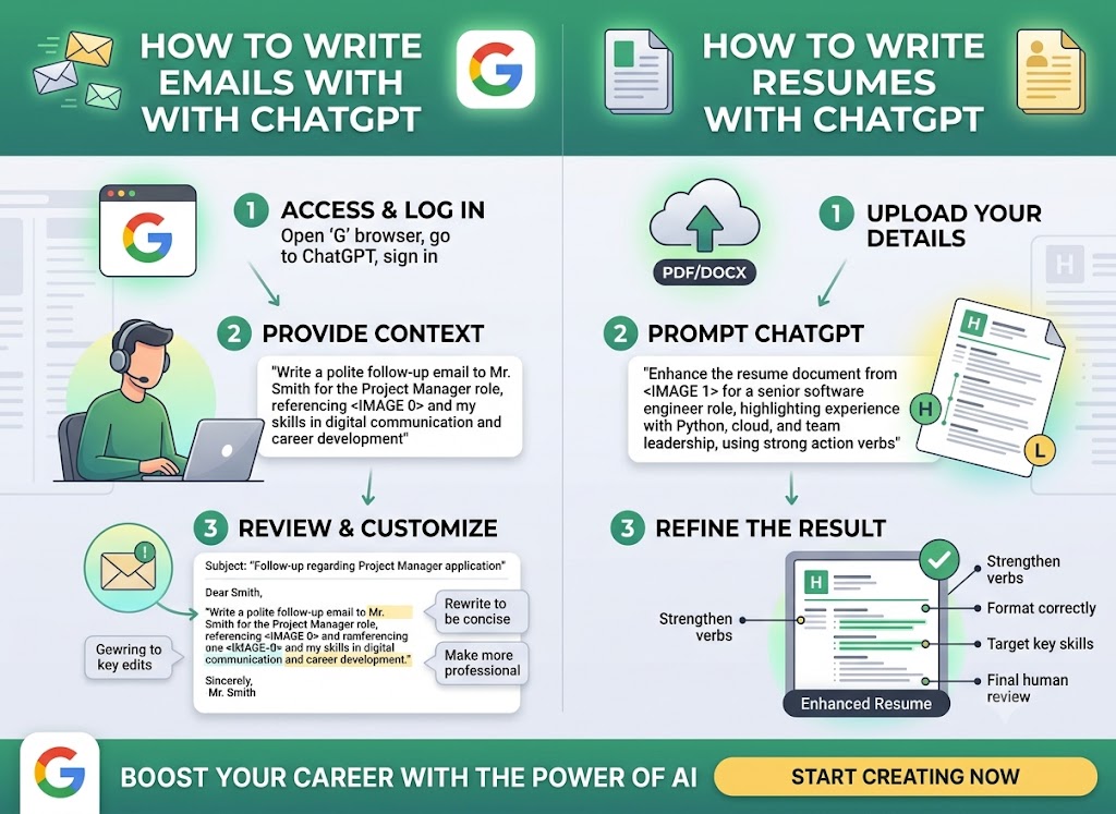 Infographic showing three steps to write emails and three steps to write resumes with ChatGPT